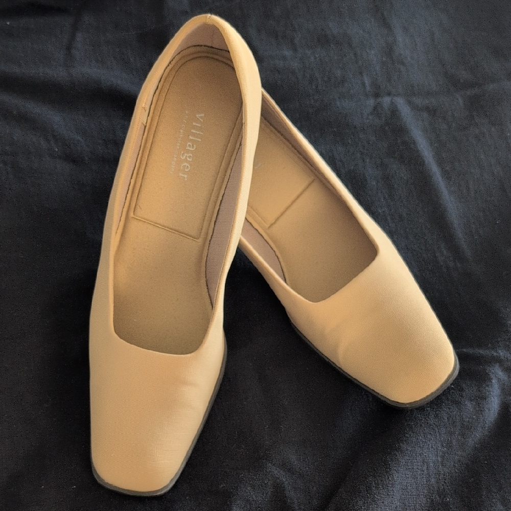 "Liz Claiborne Villager" Tan Rubbed/Textured Fabric Slip-On Heels/Pumps